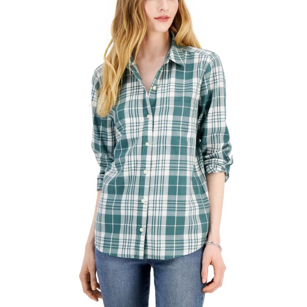 Style & Co Womens Cotton Plaid Button Front Shirt